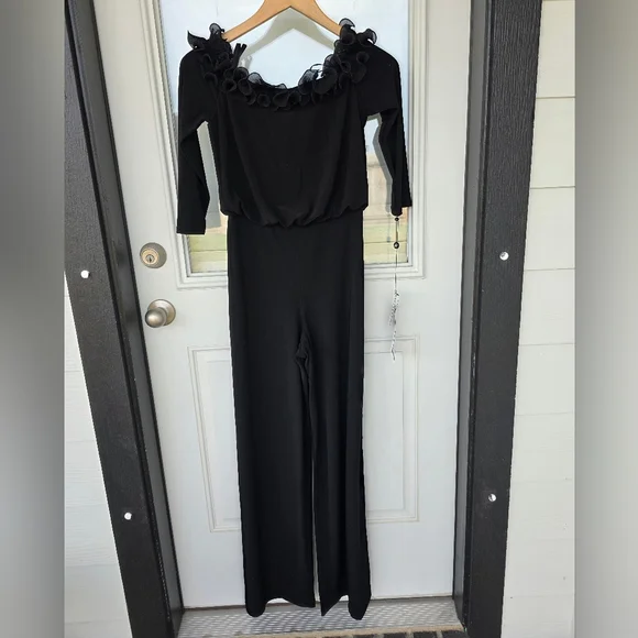 Adrianna Papell Women Jumpsuit Sz 2 Black Chiffon Ruffle Wide Leg NWT Cocktail - Picture 2 of 10